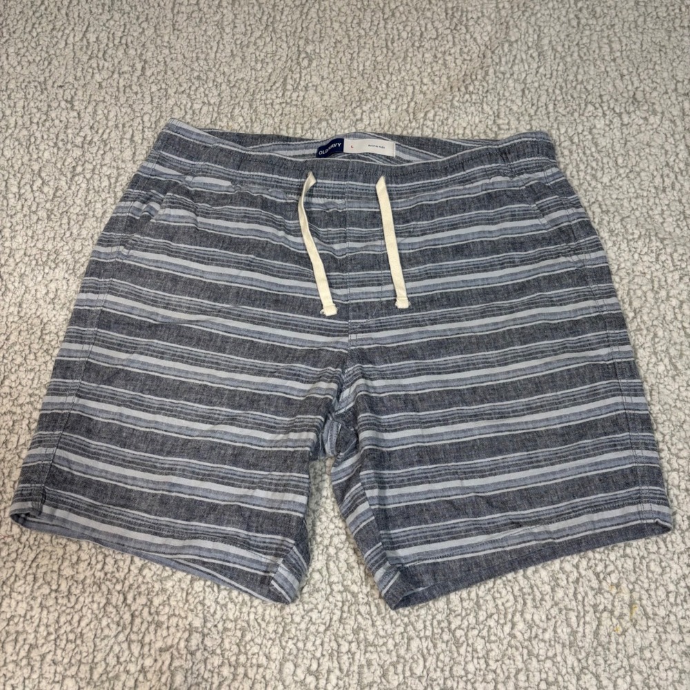 Old Navy Mens Built-In Flex Linen Blend Striped Drawstring Shorts Blue Grey L